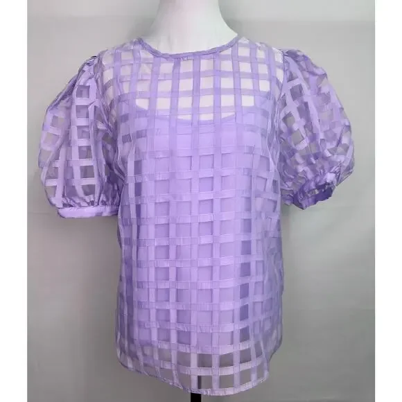 NWT English Factory Sheer Windowpane Puff Sleeve Top Lilac Size L - Picture 5 of 13
